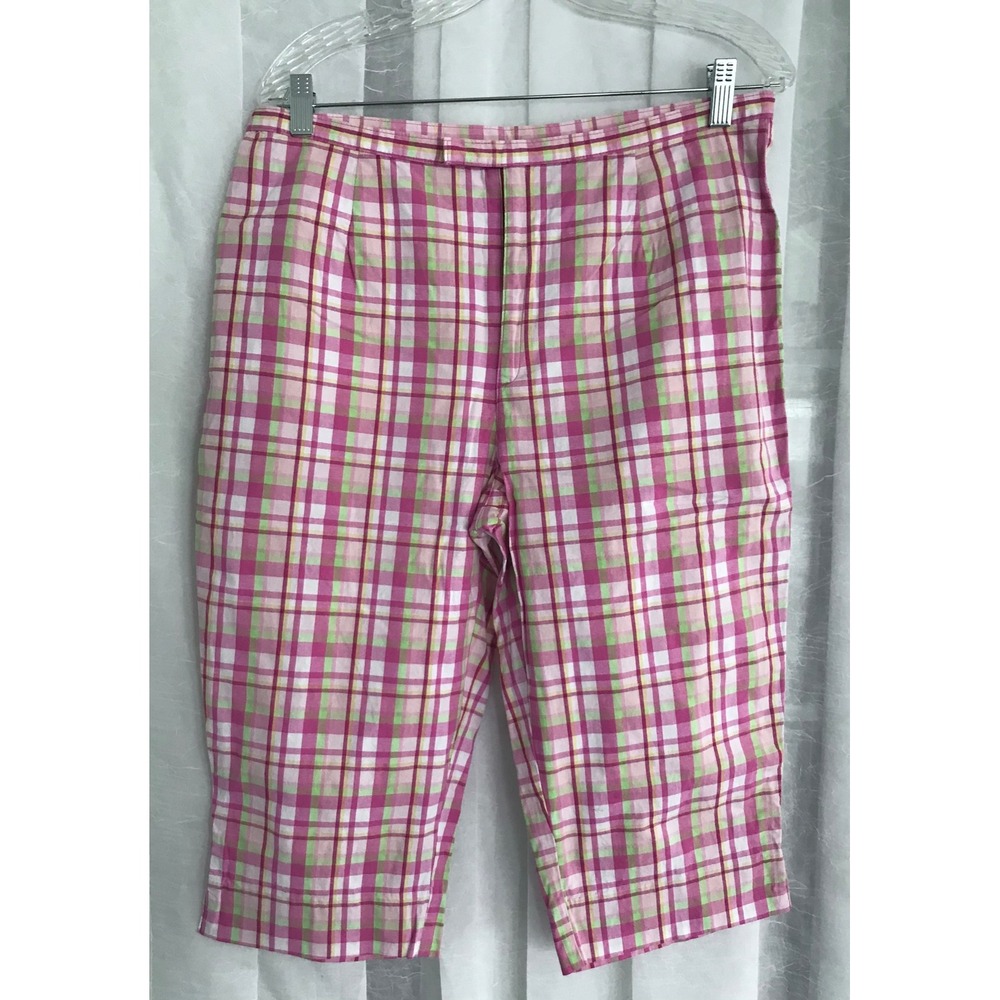 Kim Rogers Womens Pink Lime Green Plaid Capri Cropped Pants Size 12